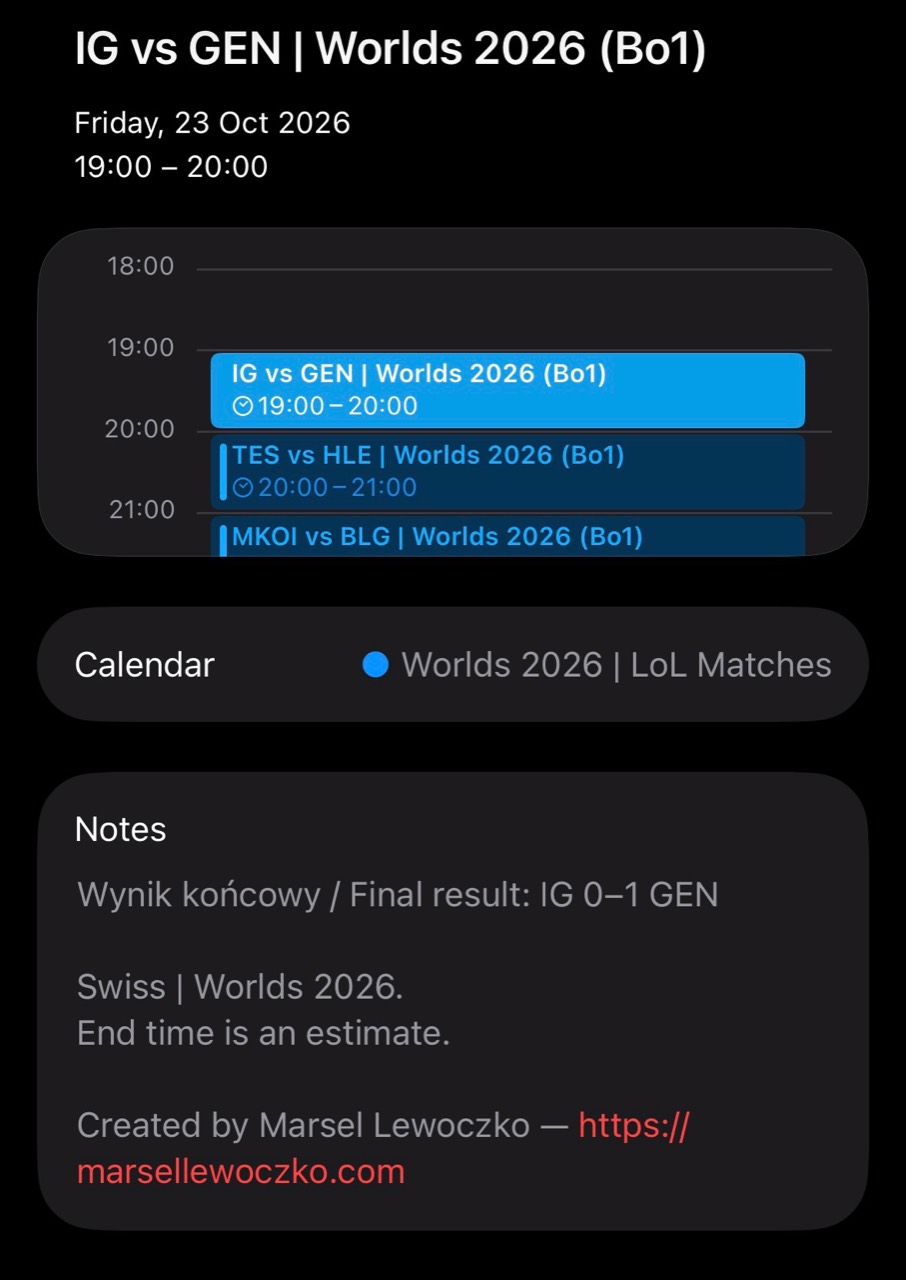 Calendar event screenshot: match title and time above, result in Notes, author credit at the bottom.